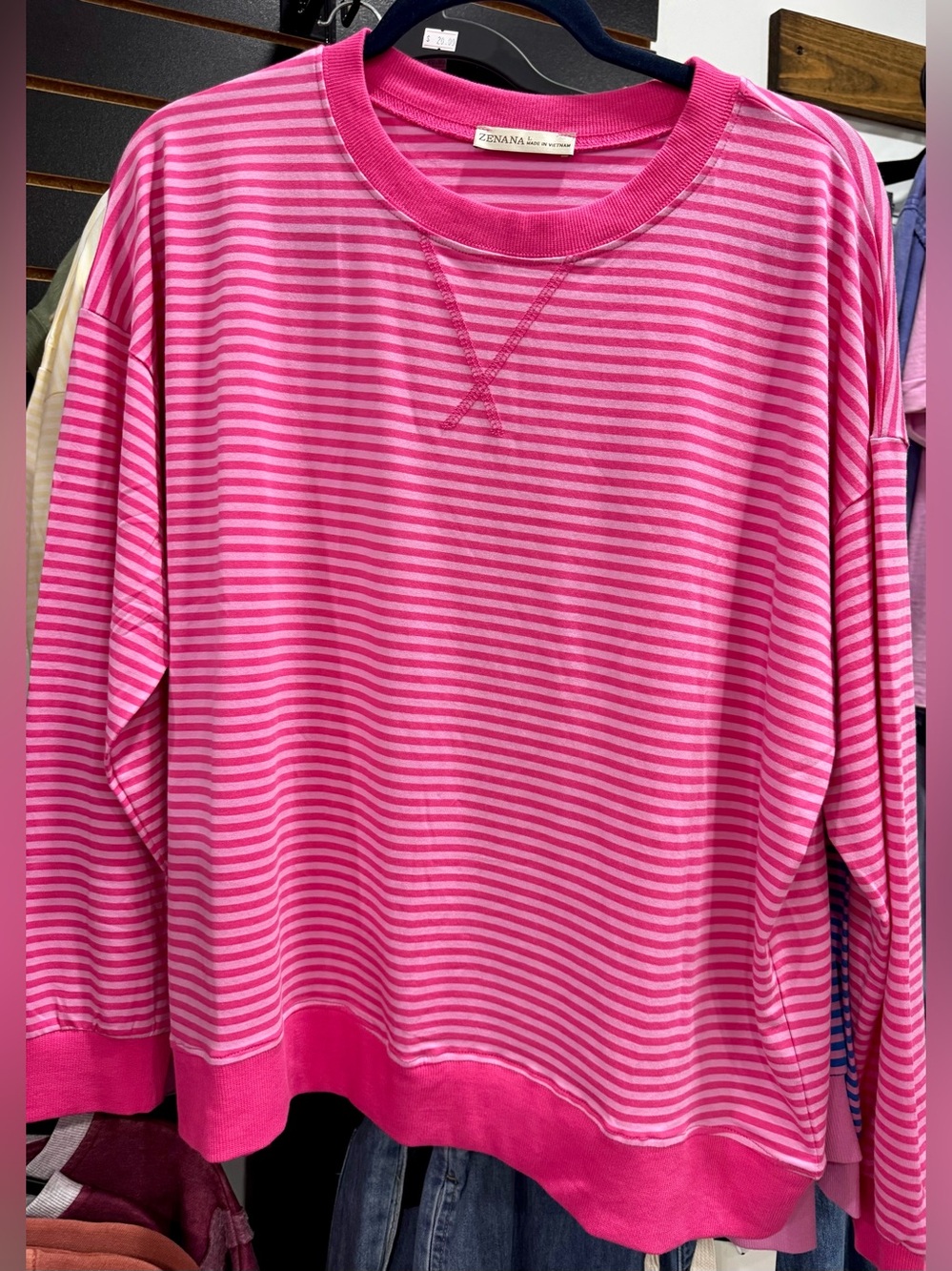 Zenana Outfitters Pink Striped Crewneck Sweater